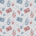 Vector seamless pattern, blue and red heats, stamps and cups on light grey background.